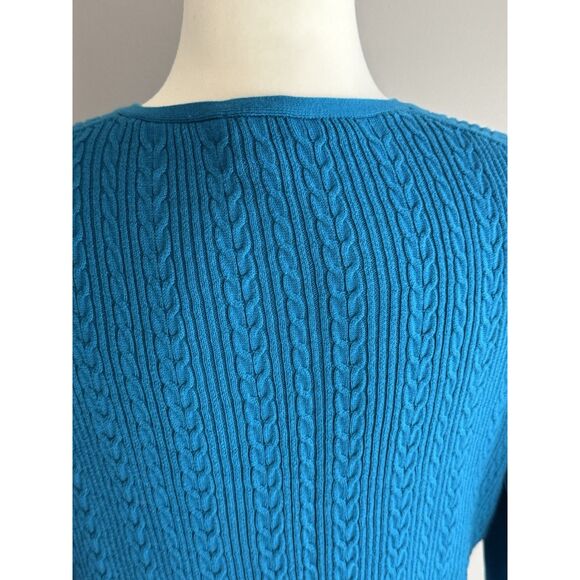 Talbots Cable Knit Sweater Lightweight V Neck Teal Blue Cotton Knit Preppy Large - Picture 10 of 16